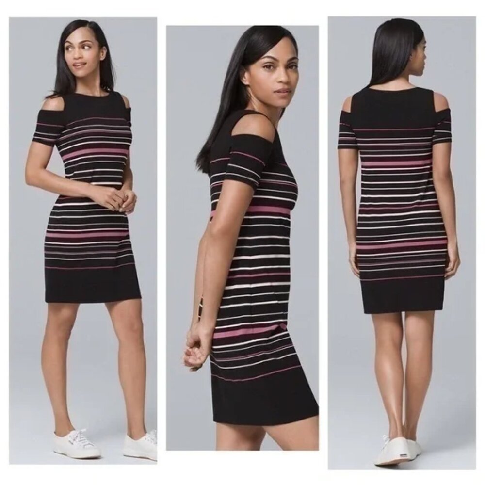 White House/ Black Market pink and black striped sheath dress